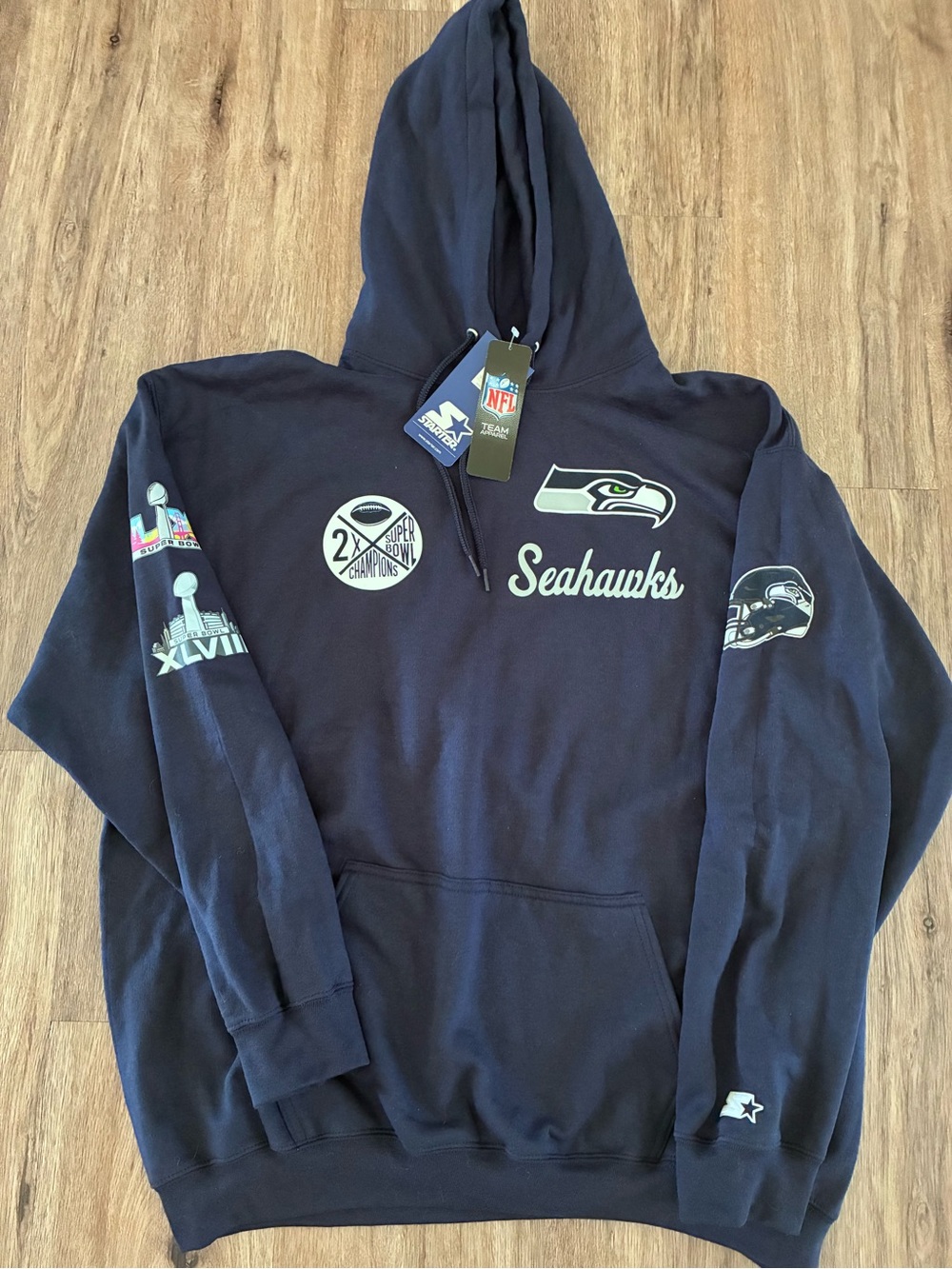 NWT Starter Seattle Seahawks Two-Time Super Bowl Champions Fleece Hoodie. XL.